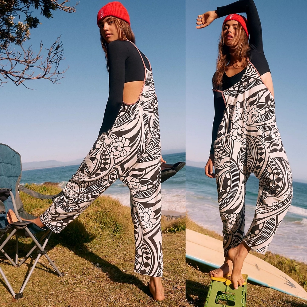 New FP Movement Free People Hot Shot Onesie S Padma Black Printed Combo Jumpsuit - Picture 1 of 16